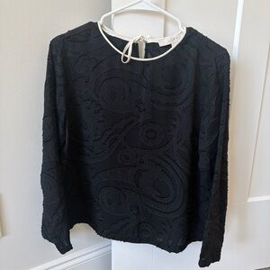 LOFT Black Textured Blouse with White Trim